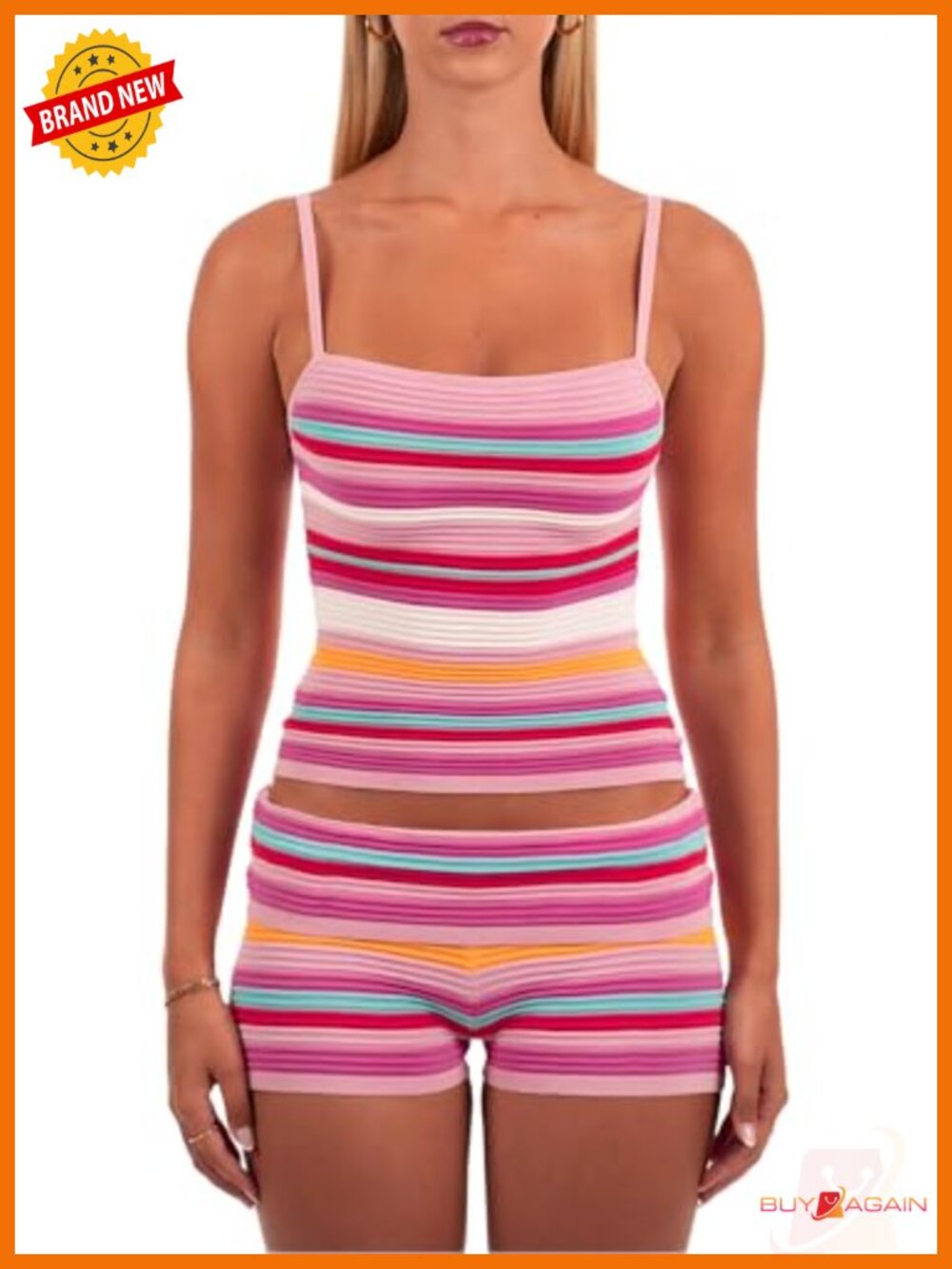 Women's 2 Piece Striped Knit Pajama Set Sleeveless Cami Top and Shorts Lounge
